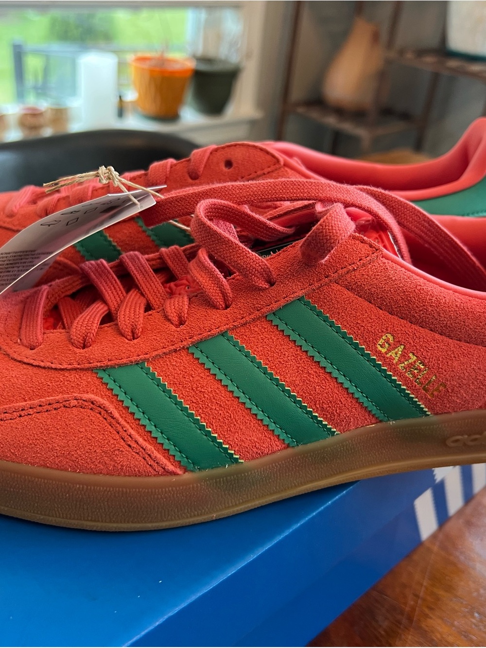 adidas Red Suede Sneakers with Green Stripes
